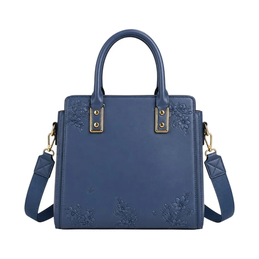 OBBA Blue Women's Satchel Handbag – Floral Embossed Faux Leather